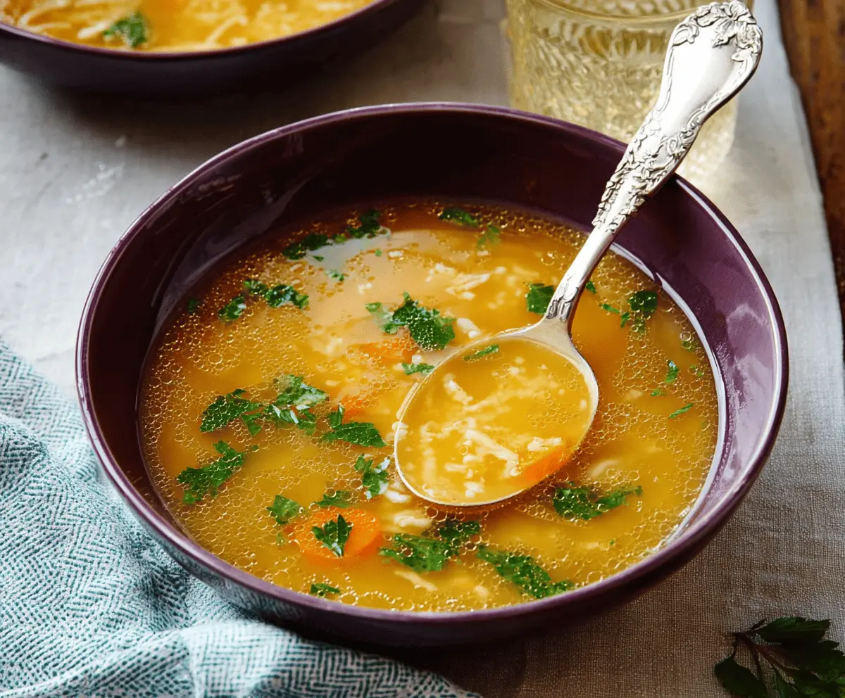 A steaming bowl of Italian Penicillin Soup garnished with fresh herbs and crusty bread on the side, showcasing a comforting, hearty Mediterranean-inspired dish.
