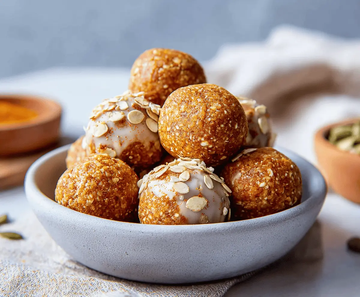 Keto cottage cheese pumpkin spice energy balls on a white plate, featuring creamy cottage cheese, pumpkin spice flavor, and nutritious ingredients for a healthy snack
