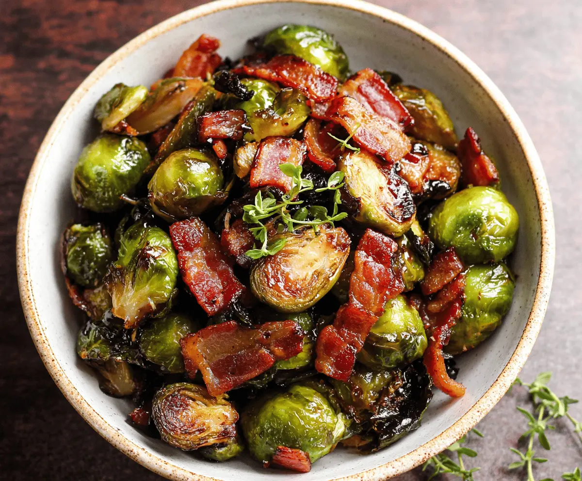 Delicious maple balsamic Brussels sprouts topped with crispy bacon, served as a flavorful side dish.