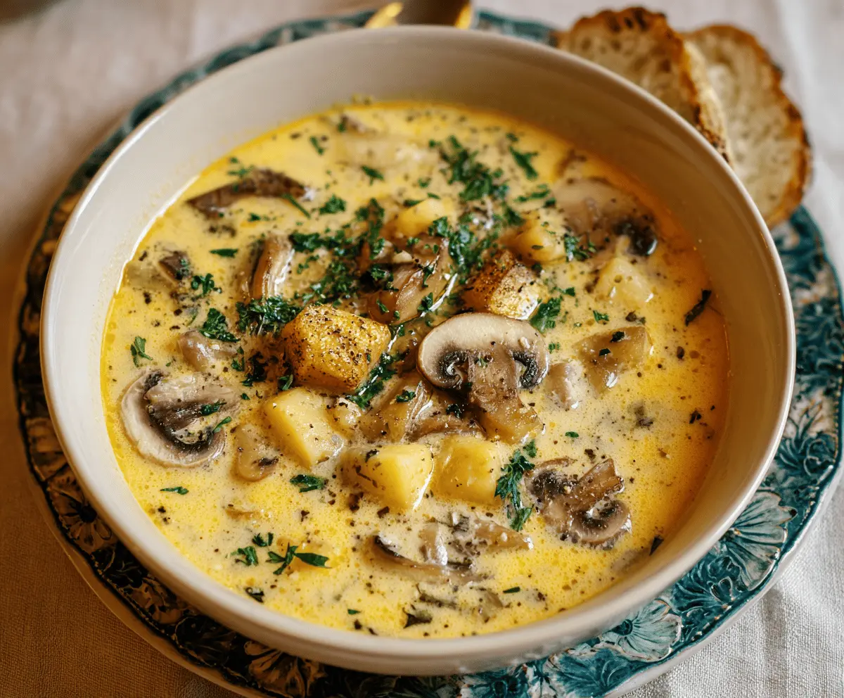 Creamy mushroom and potato soup served in a bowl, topped with fresh herbs and garnished with sliced mushrooms for a hearty, comforting meal.