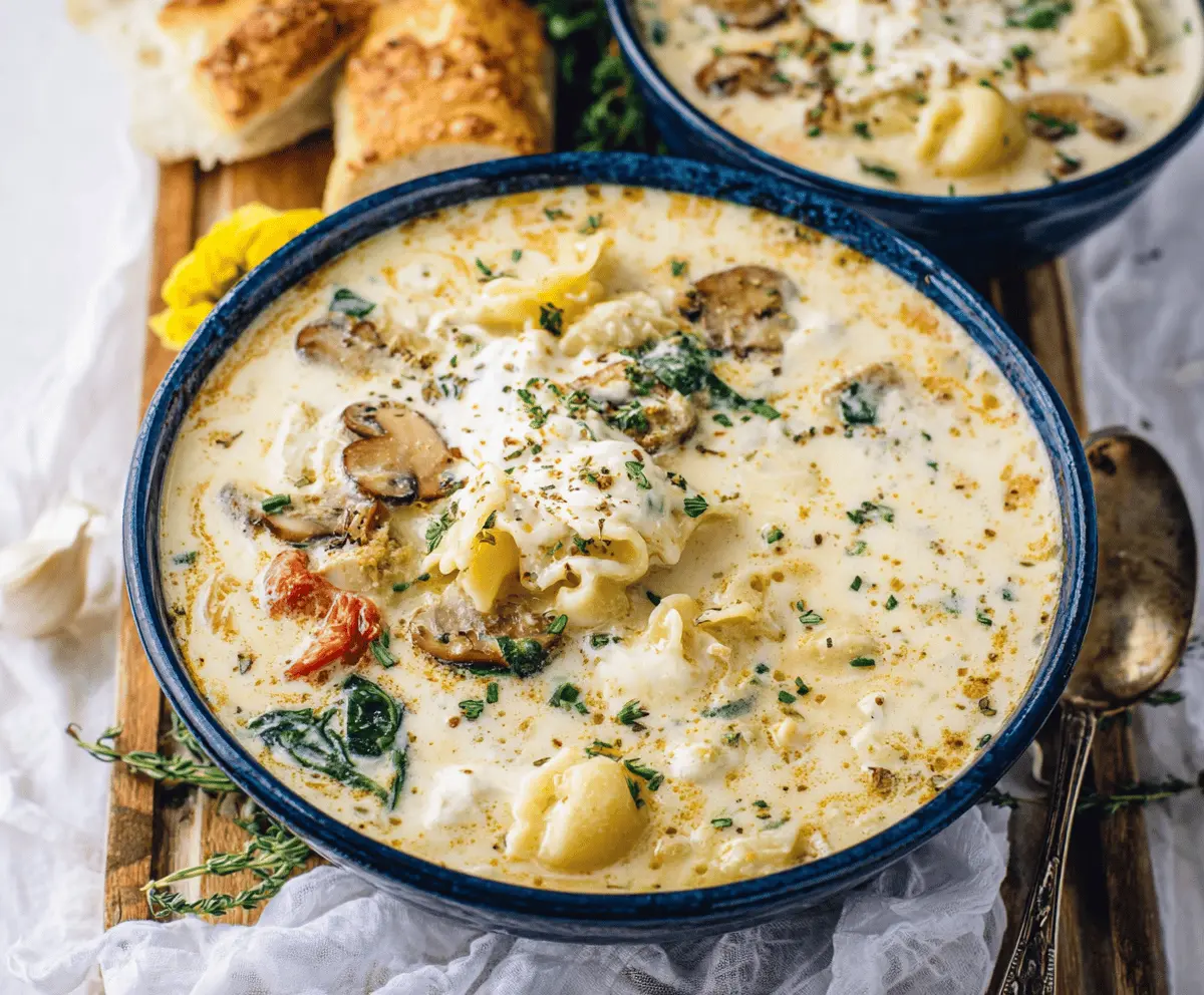 Creamy Alfredo Lasagna Soup served in a bowl with melted cheese, herbs, and pasta, in a cozy kitchen setting.