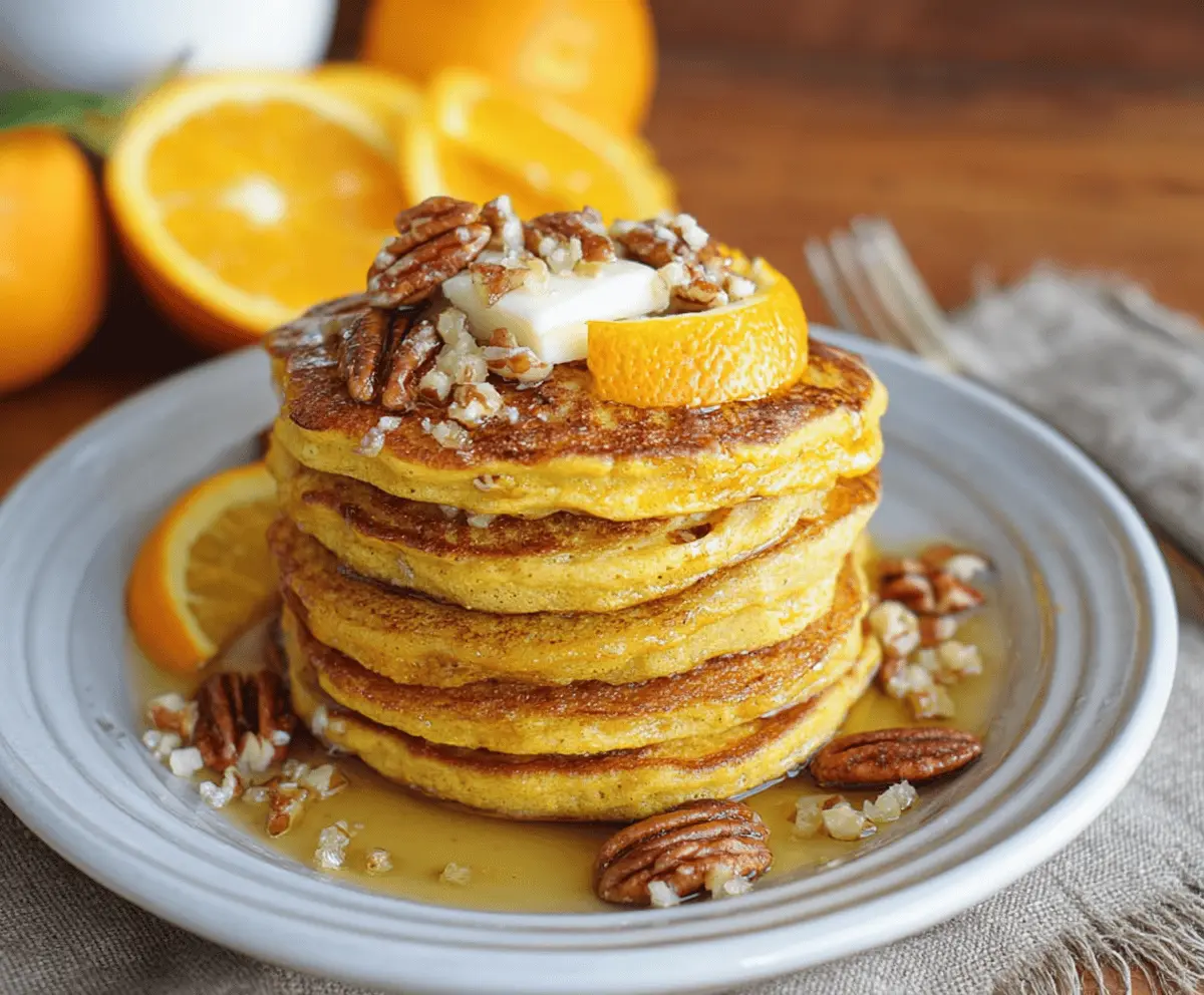 Delicious orange pumpkin pancakes topped with whipped cream and orange slices on a plate, perfect for breakfast or brunch.