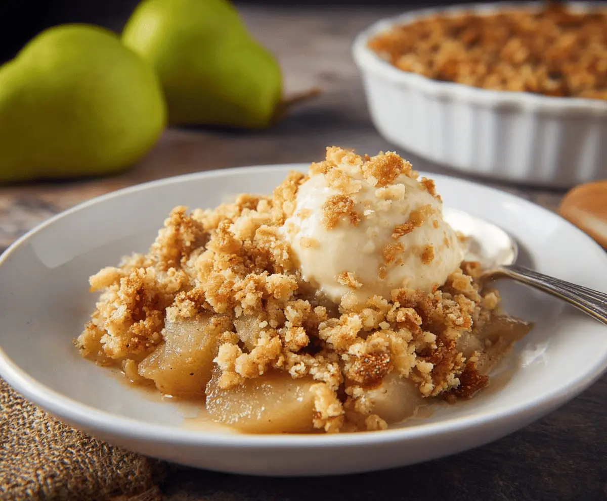 Delicious homemade Pear Crumble with golden topping served in a baking dish, perfect for a cozy dessert