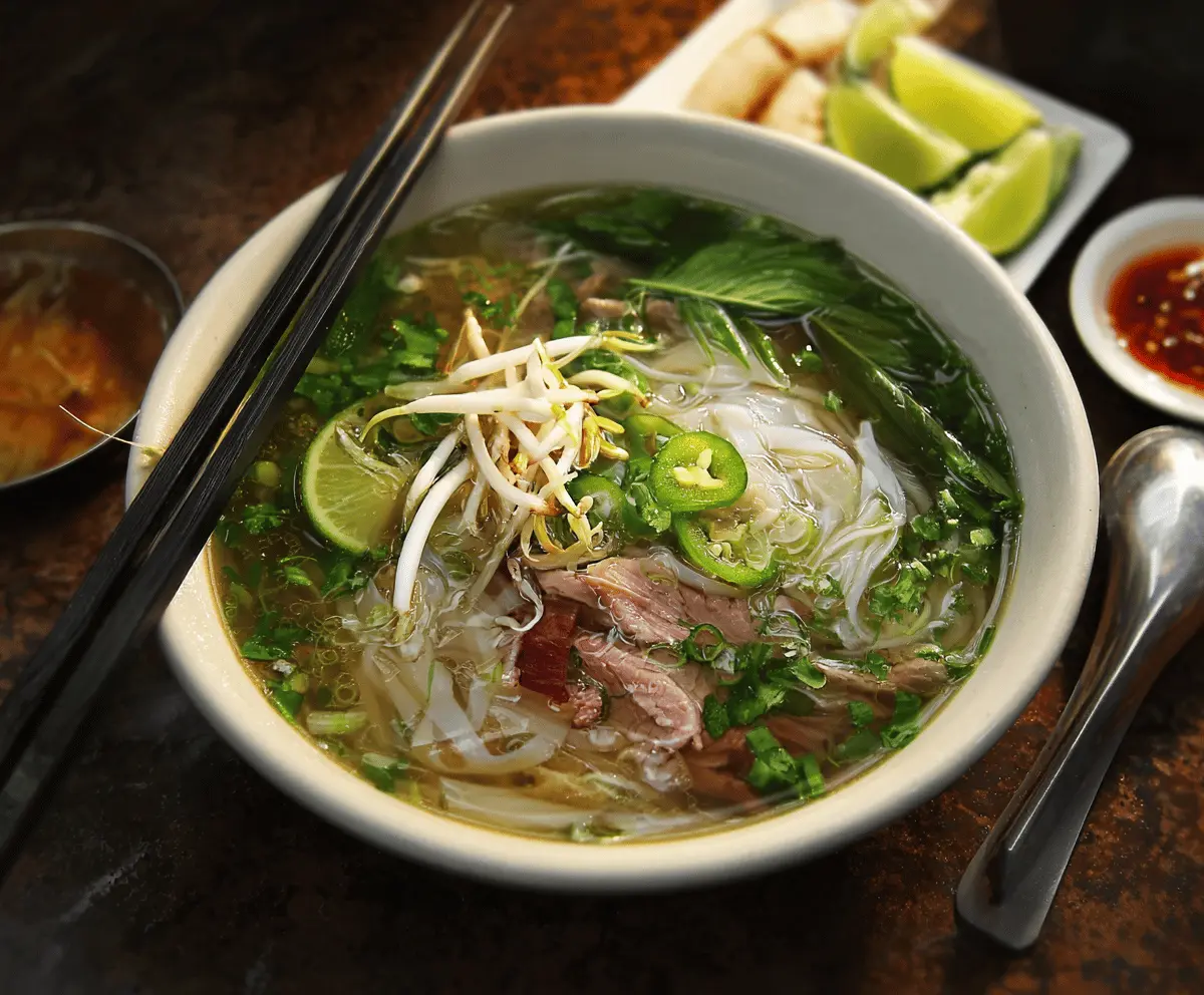 A steaming bowl of traditional Vietnamese pho with rice noodles, sliced beef, fresh herbs, bean sprouts, lime wedges, and chili peppers.