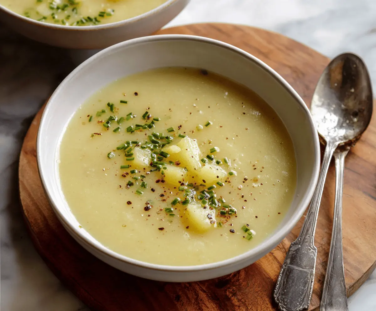 Creamy potato leek soup garnished with fresh herbs in a rustic bowl, perfect for a comforting meal