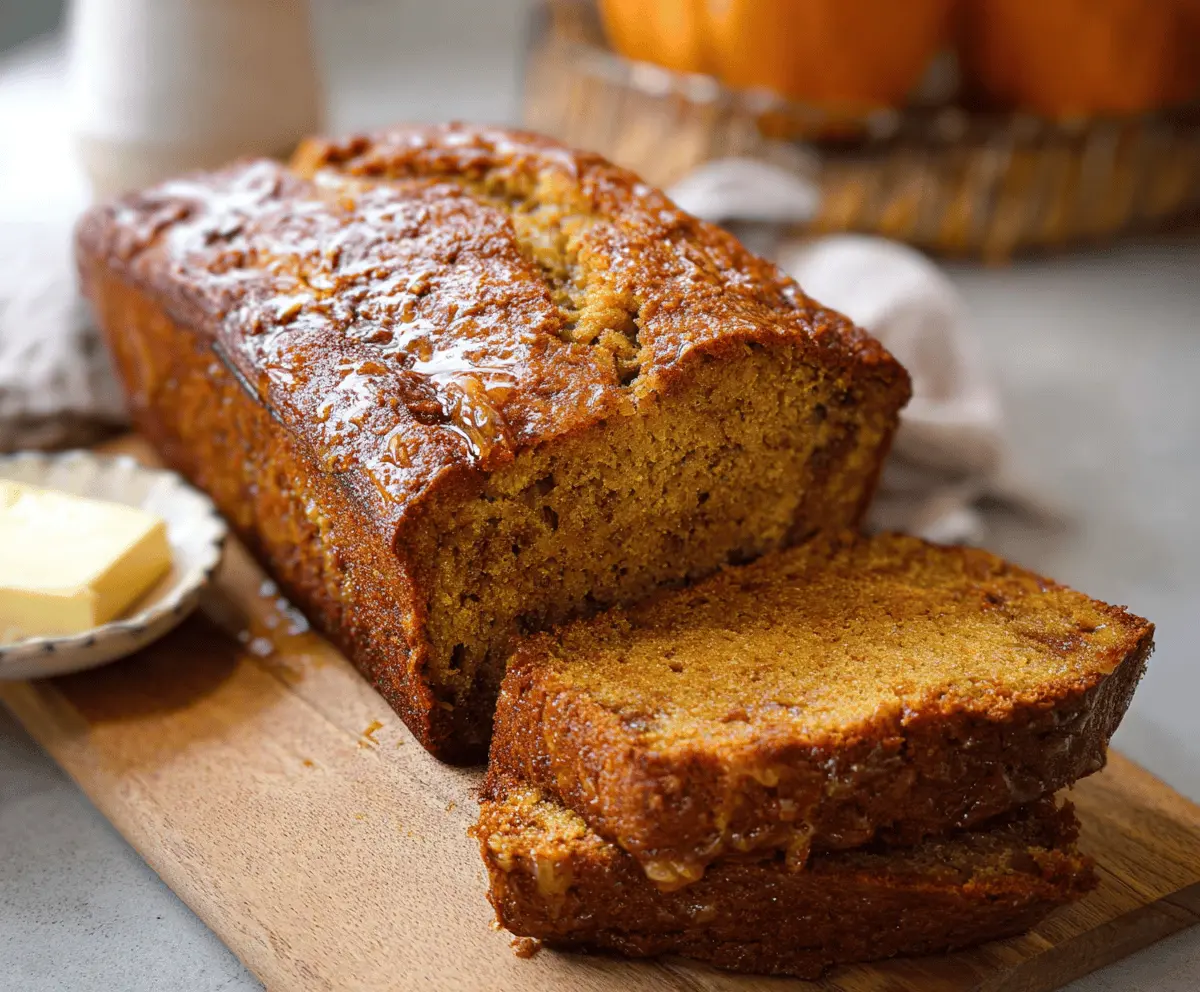 Delicious homemade pumpkin banana bread with a golden crust, perfect for fall baking and enjoyed as a moist, flavorful treat.