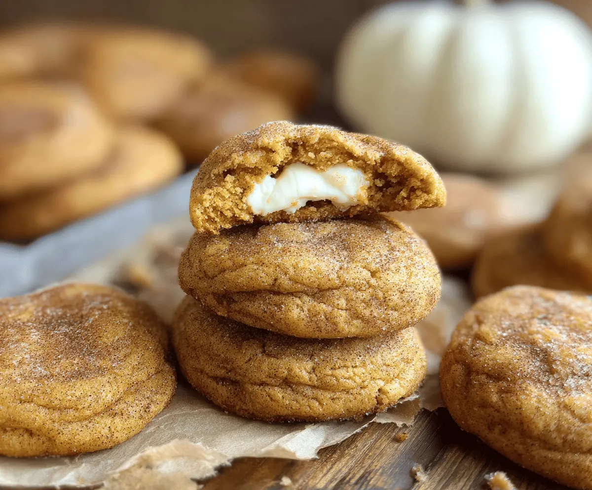 Delicious Pumpkin Cheesecake Snickerdoodle Cookies with cinnamon sugar topping and creamy pumpkin cheesecake filling on a rustic plate