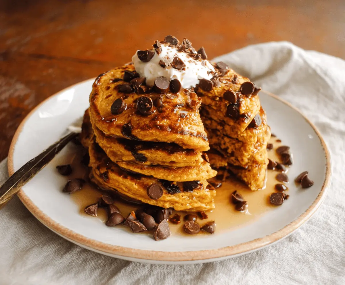 Delicious pumpkin chocolate chip pancakes topped with whipped cream and a drizzle of syrup, perfect for a cozy breakfast