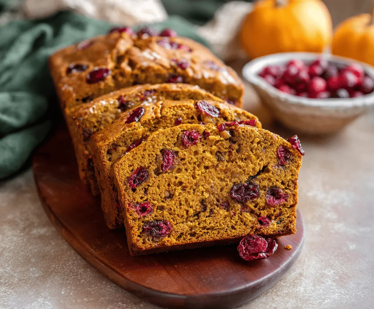 Freshly baked Pumpkin Cranberry Bread sliced and garnished with cranberries and pumpkin seeds on a rustic wooden table.