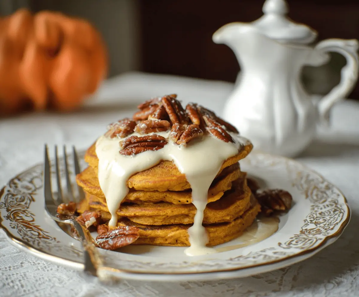 Fluffy pumpkin cream cheese pancakes topped with whipped cream and cinnamon on a plate, perfect for fall breakfast.