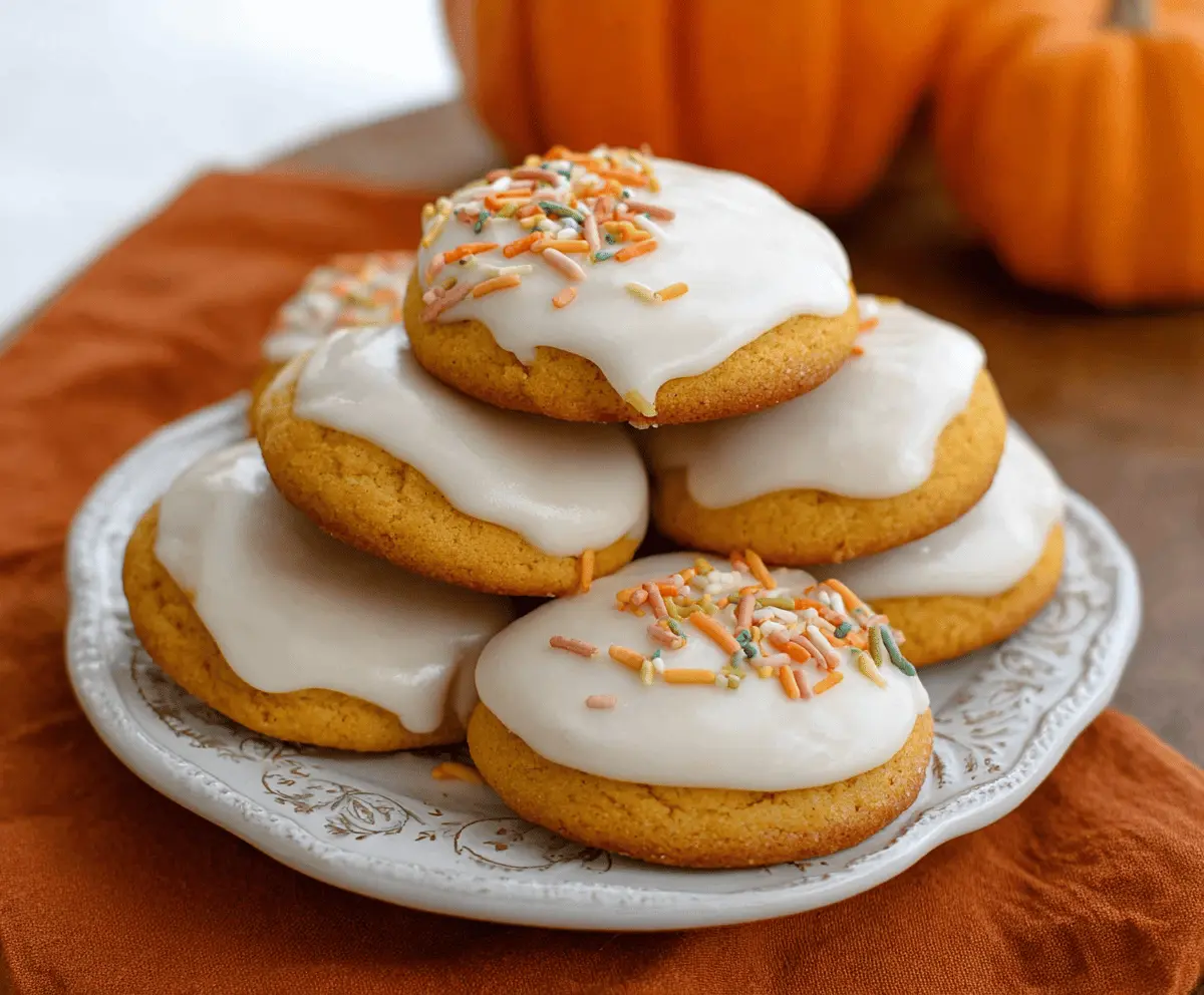 Delicious pumpkin frosted cookies with orange icing and sprinkles, perfect for fall celebrations and holiday treats.