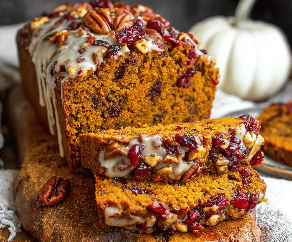 Freshly baked pumpkin pecan cranberry bread sliced on a wooden cutting board, garnished with pecans and cranberries, perfect for fall desserts and holiday gatherings.