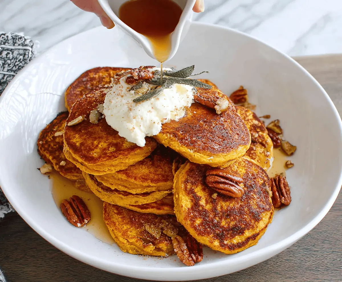 Fluffy pumpkin ricotta pancakes topped with maple syrup and fresh cinnamon, served with a side of whipped cream and pumpkin seeds
