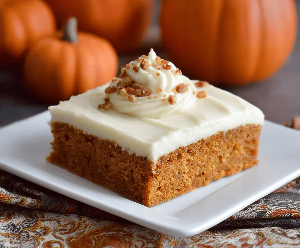 Delicious pumpkin sheet cake topped with creamy cream cheese frosting, perfect for fall desserts and holiday gatherings.
