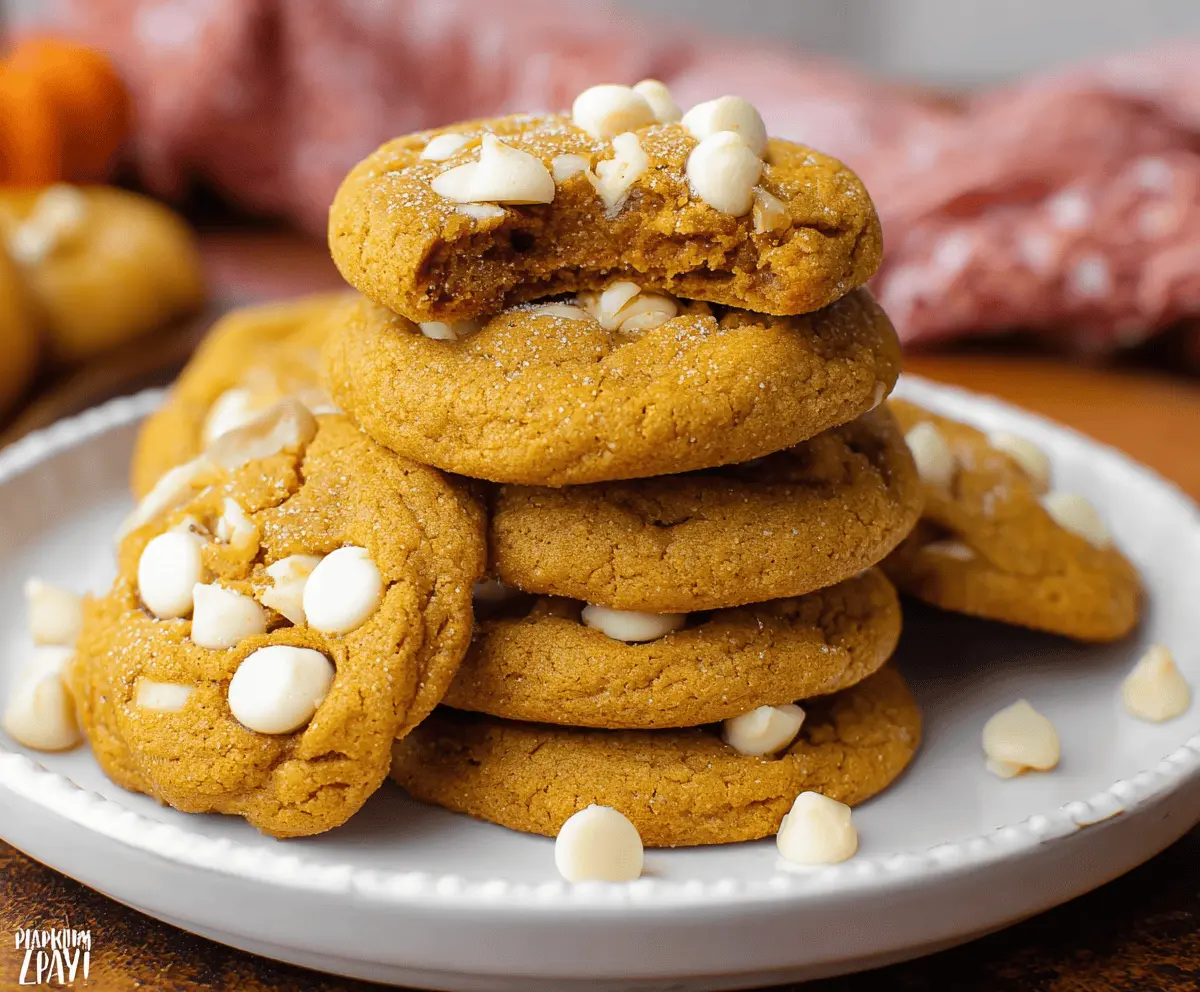 Delicious homemade pumpkin white chocolate chip cookies on a baking sheet, perfect for fall treats and seasonal baking.