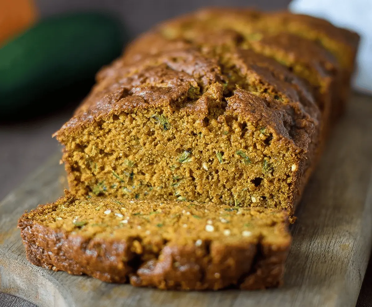 Delicious homemade pumpkin zucchini bread with a golden crust and moist interior, topped with walnuts and a sprinkle of cinnamon, perfect for fall baking.