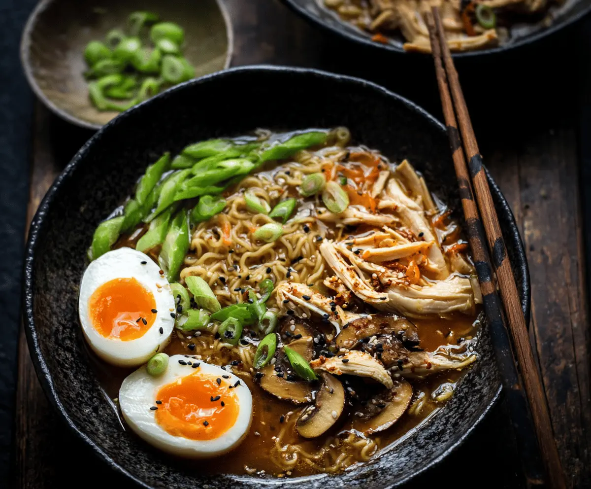 A steaming bowl of ramen chicken noodle soup with tender chicken pieces, soft noodles, sliced green onions, and a flavorful broth garnished with herbs.
