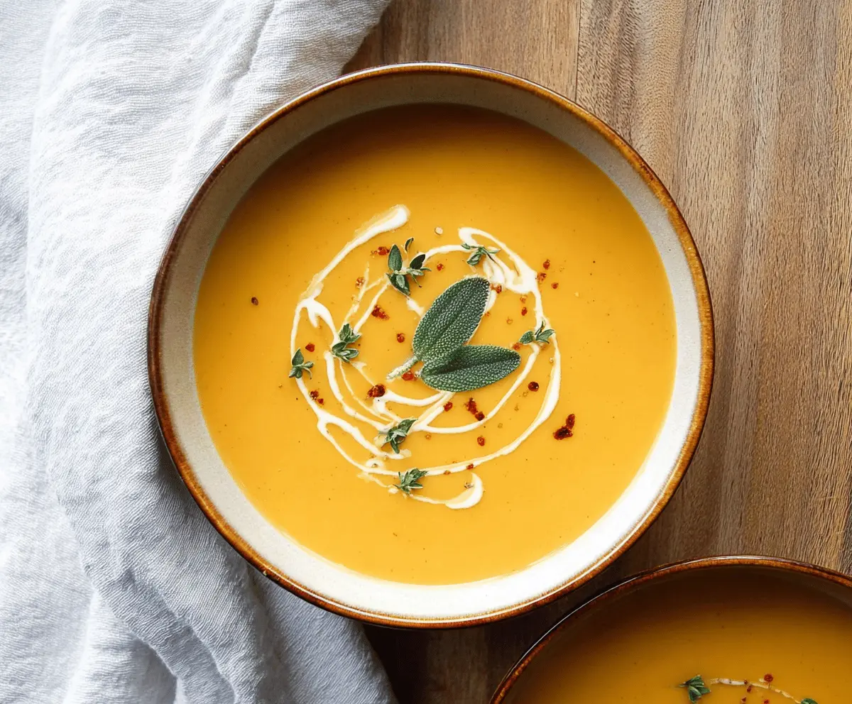 Creamy roasted butternut squash soup served in a bowl, garnished with fresh herbs and a drizzle of cream for a cozy fall appetizer.