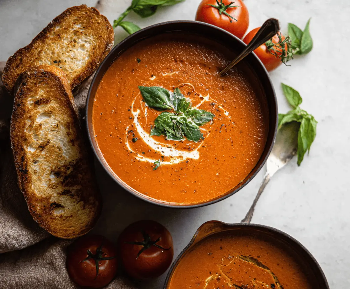 A bowl of creamy roasted tomato basil soup garnished with fresh basil leaves, served with crusty bread on a rustic wooden table.