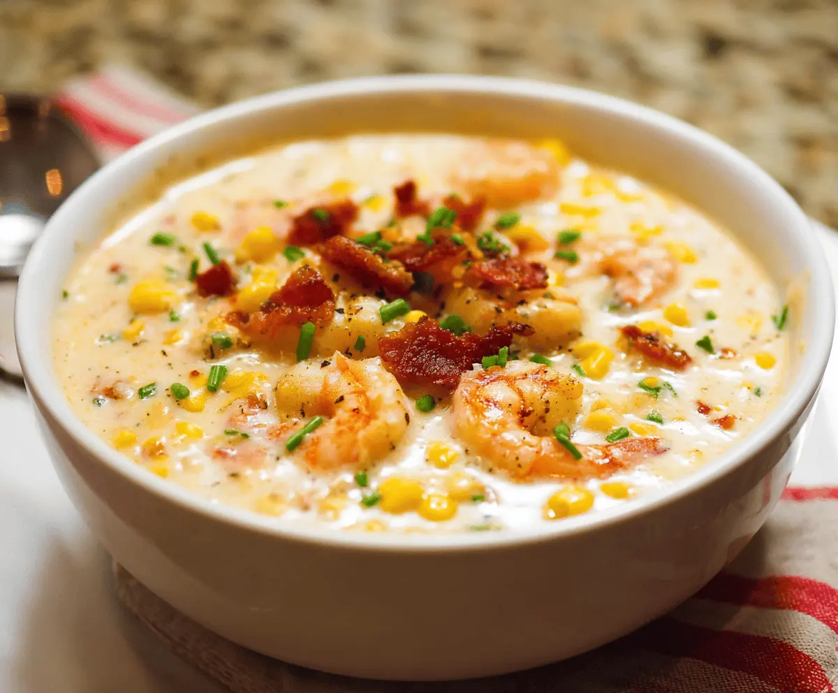 Creamy shrimp and corn chowder in a bowl topped with fresh herbs, served with crusty bread on a rustic wooden table.