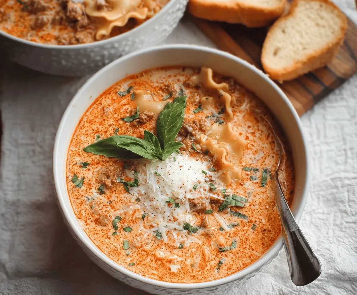 Creamy lasagna soup in a slow cooker topped with melted cheese and fresh herbs, served in a bowl.