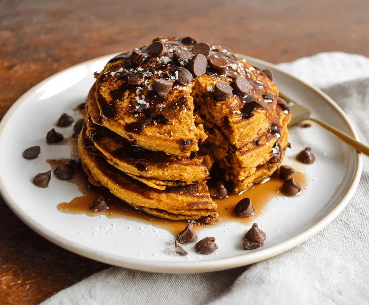 Delicious spiced pumpkin chocolate chip pancakes topped with whipped cream and autumn spices on a plate, perfect for a cozy breakfast.