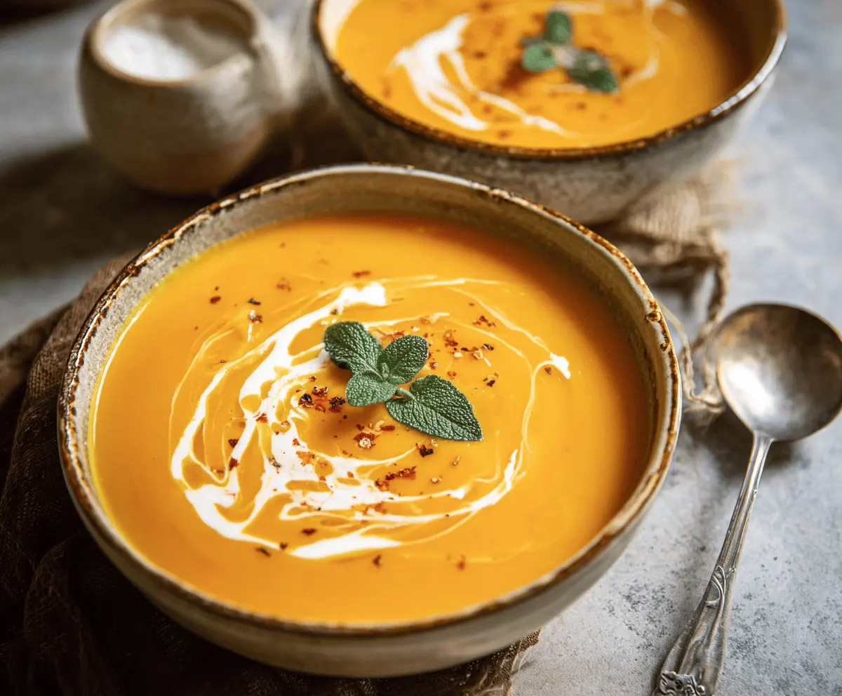 Creamy spicy butternut squash and sweet potato soup garnished with herbs in a bowl, perfect for a cozy fall meal