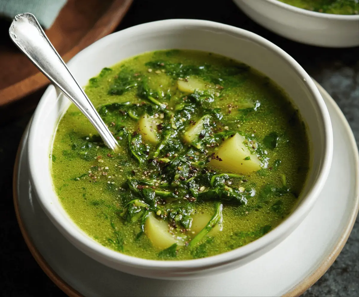 A steaming bowl of creamy spinach and potato soup garnished with fresh herbs, served in a white bowl on a rustic wooden table.