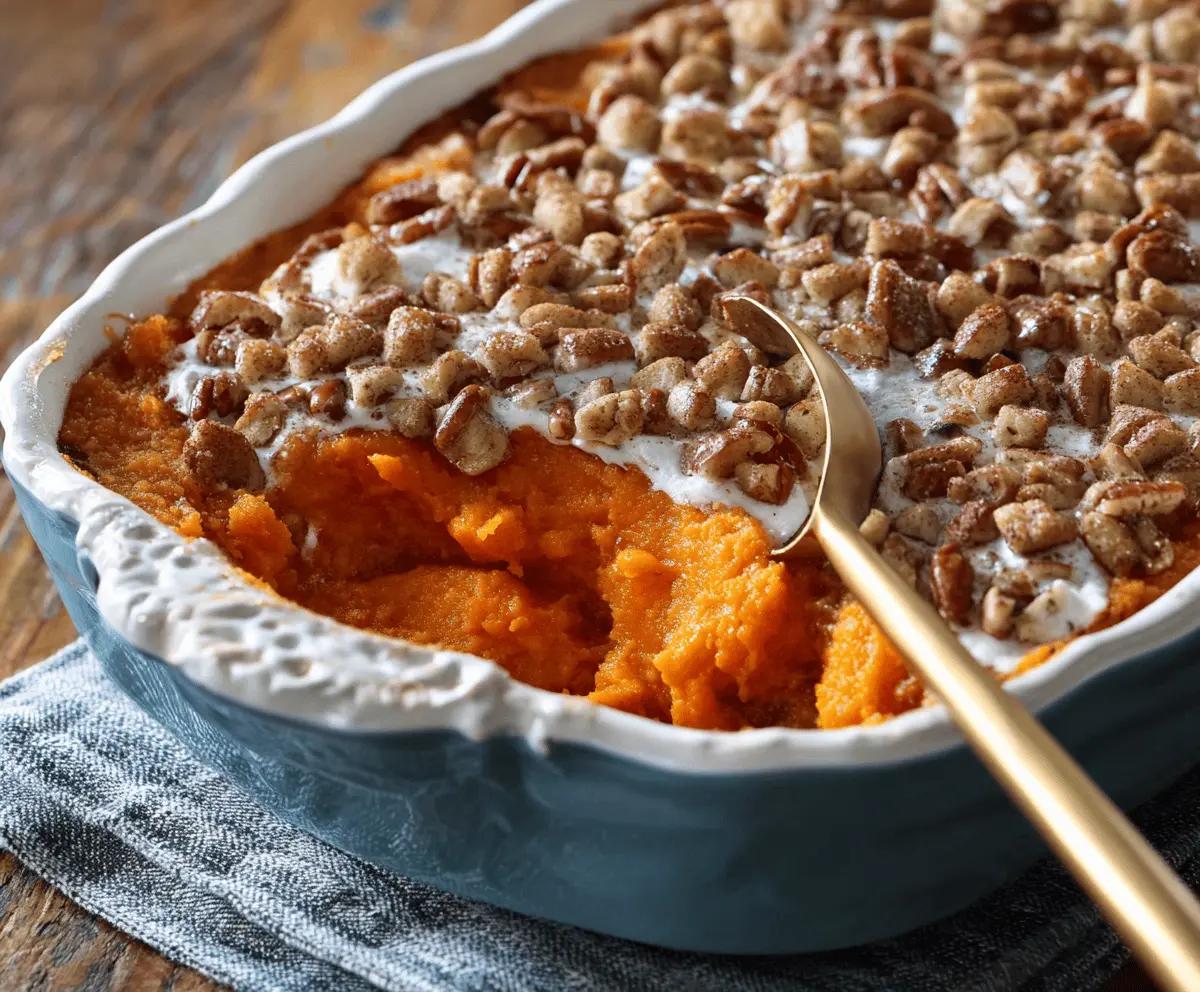 Delicious sweet potato casserole topped with marshmallows and pecans, served as a comforting holiday side dish.
