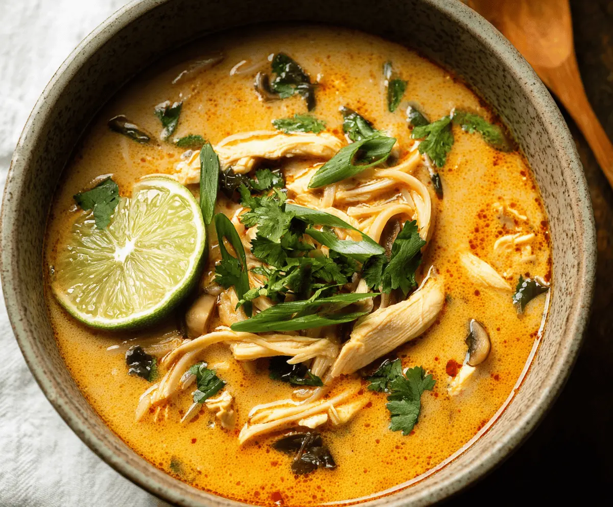 A bowl of flavorful Thai Curry Chicken Soup featuring tender chicken, vibrant vegetables, and aromatic Thai spices served in a white bowl on a rustic wooden table.