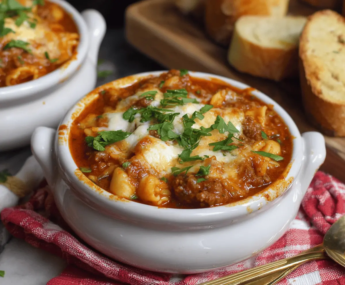 Creamy Three-Cheese Lasagna Soup with melted mozzarella, ricotta, and Parmesan topped with fresh basil