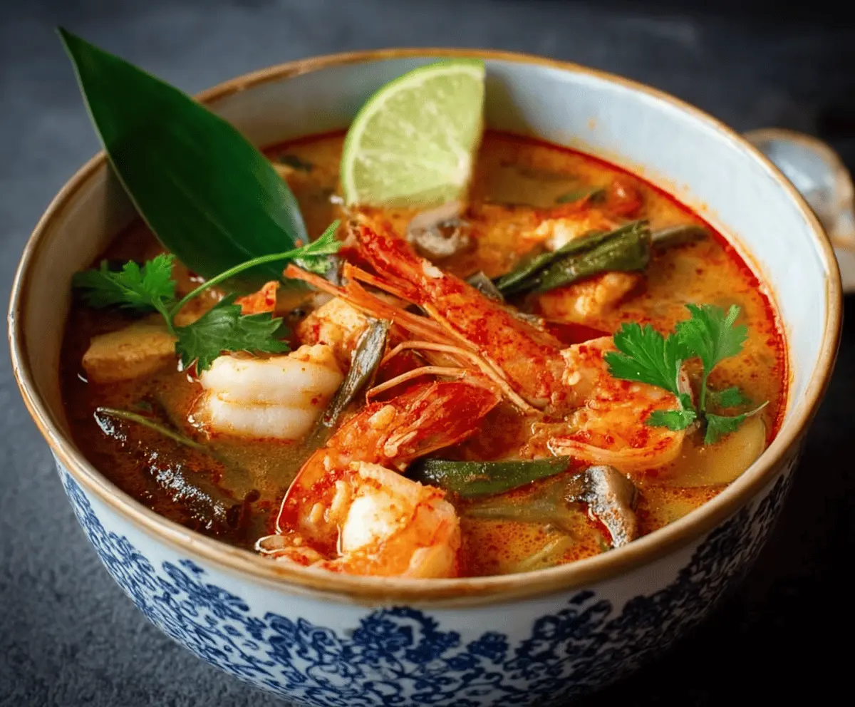 Spicy and tangy Tom Yum Soup with shrimp, mushrooms, lemongrass, and fresh herbs in a bowl, served hot.