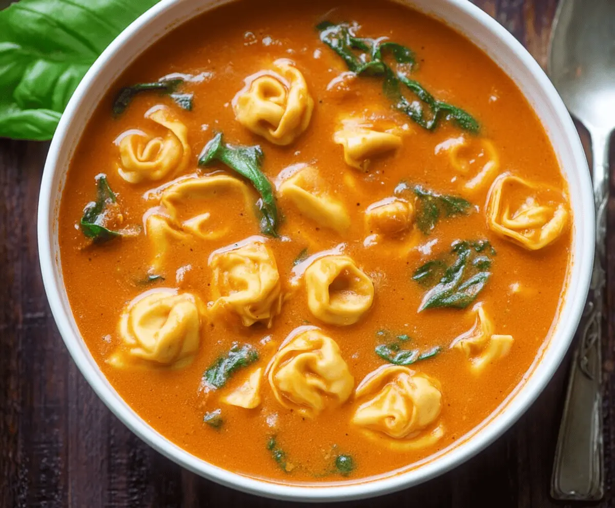 Creamy tomato tortellini soup in a bowl garnished with fresh basil and grated Parmesan cheese, perfect for a comforting meal