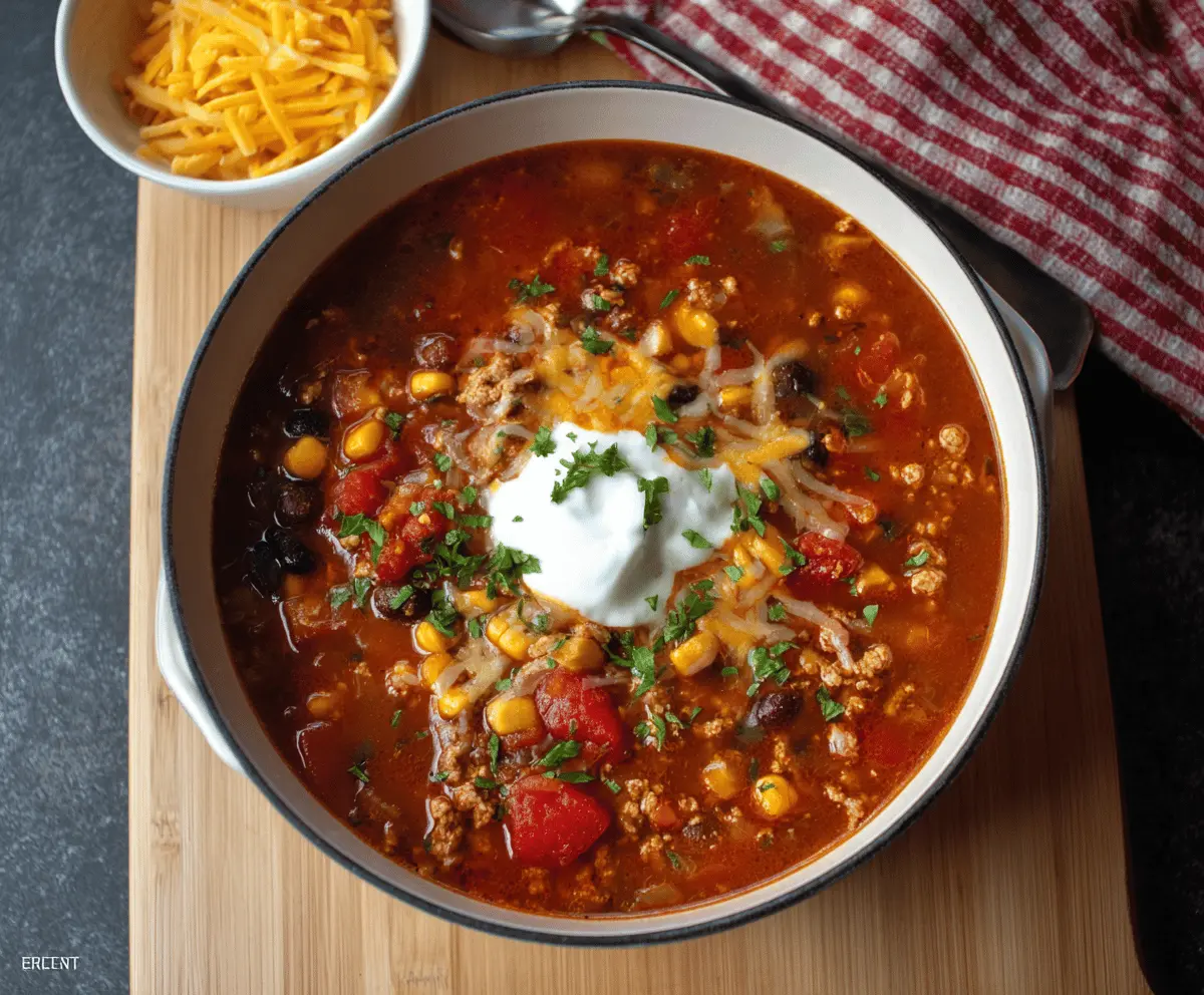 Hearty Turkey Taco Soup in a bowl with fresh toppings, served with tortilla chips and garnished with cilantro and shredded cheese.