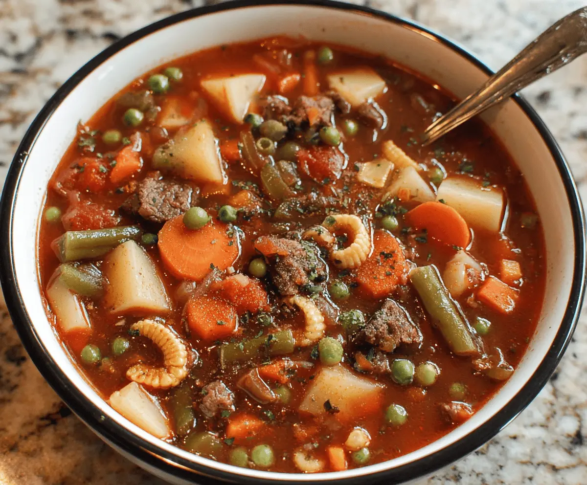 Hearty vegetable beef soup in a bowl with fresh vegetables and tender beef chunks, perfect for a comforting meal.