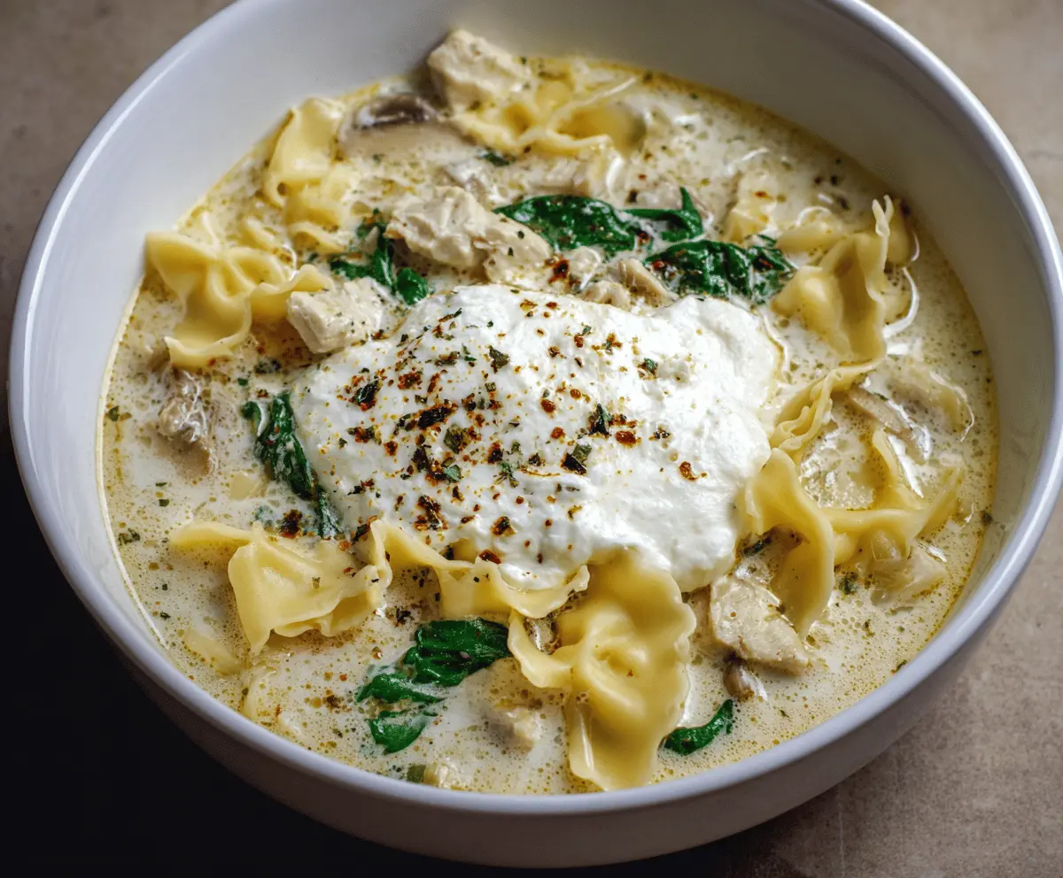 Creamy white lasagna soup garnished with fresh basil in a bowl, topped with melted cheese and a spoonful of ricotta cheese, served alongside bread
