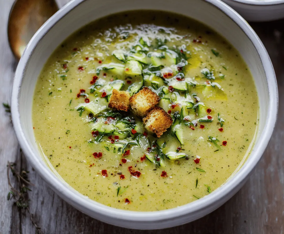 Creamy zucchini soup garnished with fresh herbs served in a bowl, perfect for a healthy and delicious meal.