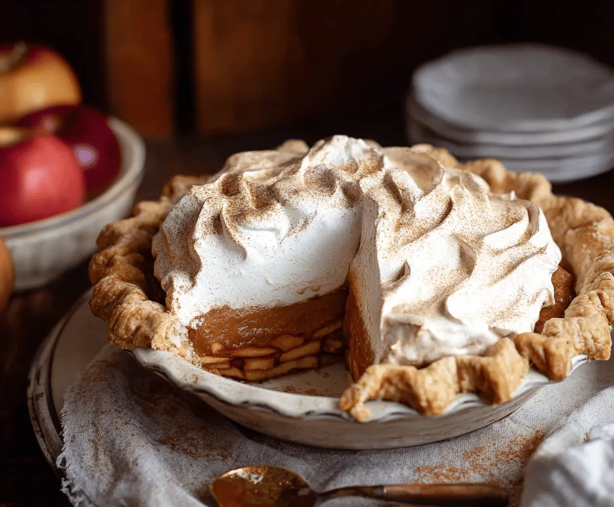 Slice of apple butter pie topped with cinnamon whipped cream on a rustic plate.