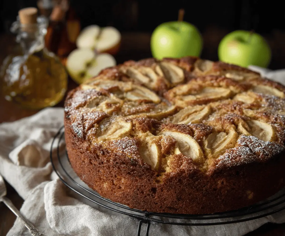 Delicious homemade apple cider cake topped with caramel glaze and apple slices, perfect for fall dessert