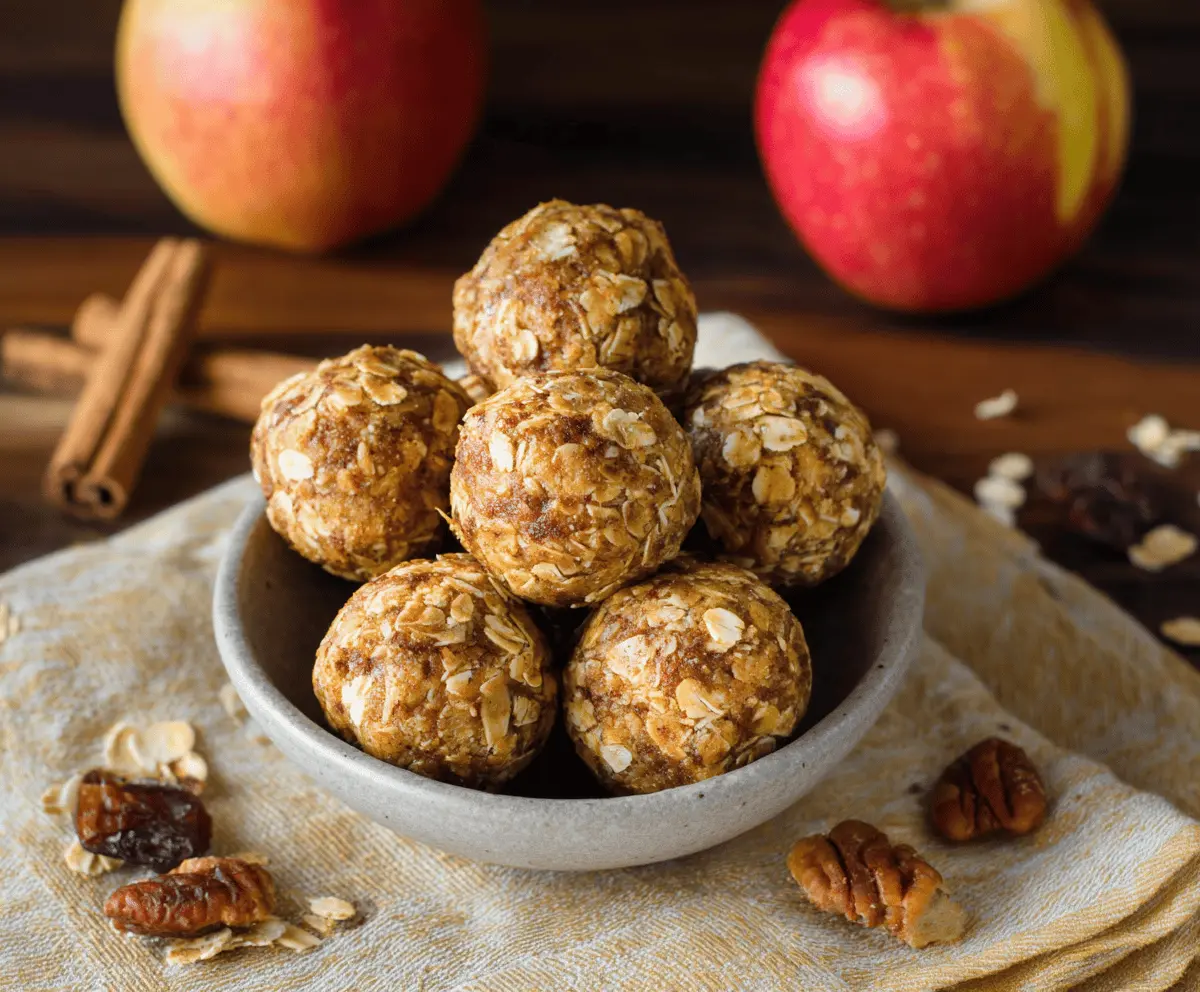 Delicious homemade apple cinnamon pumpkin protein balls on a plate, showcasing a nutritious and flavorful snack with autumn-inspired ingredients.