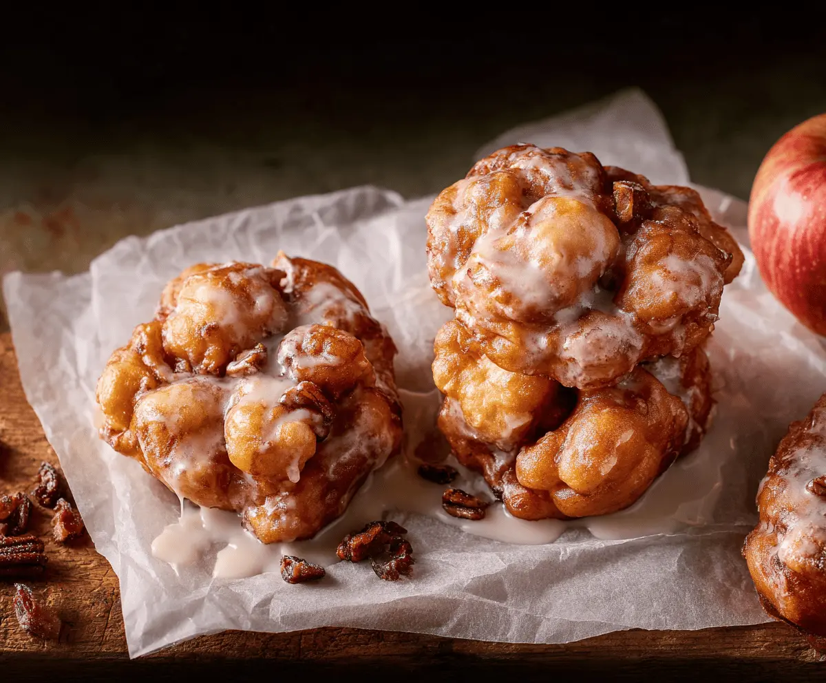 Golden apple fritters drizzled with glaze on a rustic plate, perfect for breakfast or dessert.
