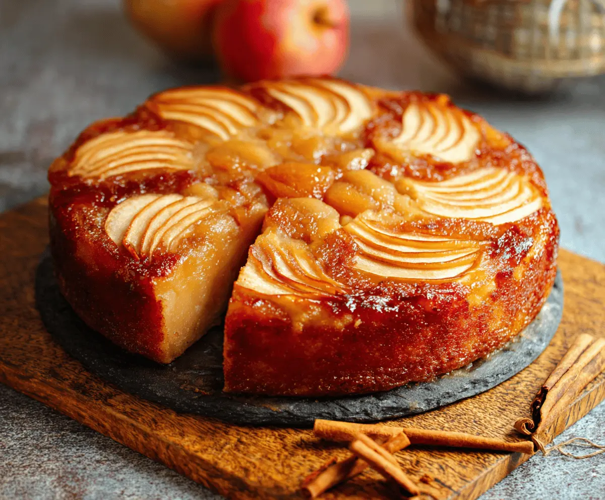 Delicious homemade apple upside down cake topped with caramelized apple slices and a golden cake layer, perfect for dessert or special occasions.