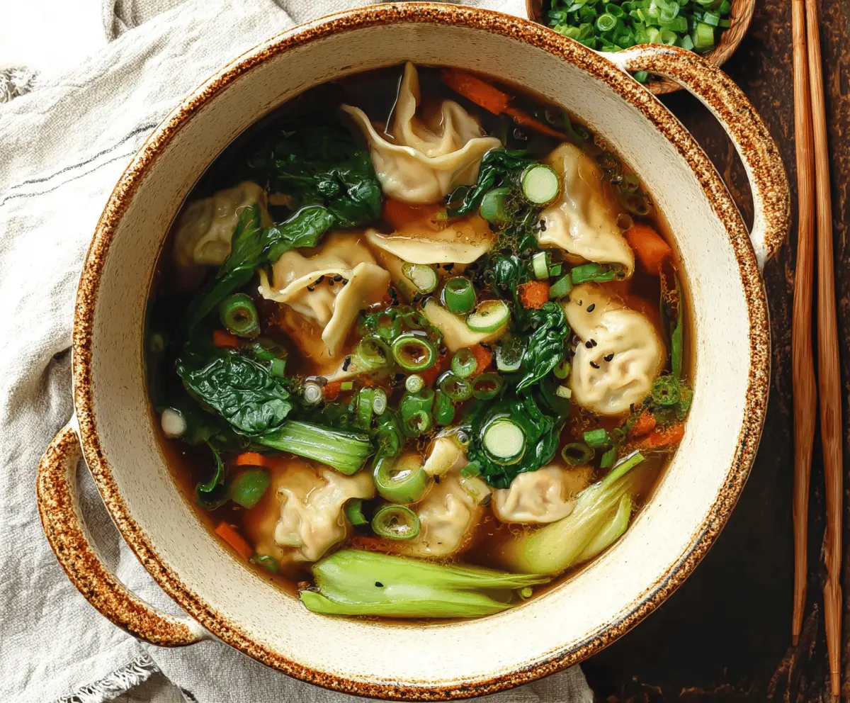 Warm Asian Dumpling Potsticker Soup featuring tender potstickers, fresh vegetables, and flavorful broth in a comforting bowl