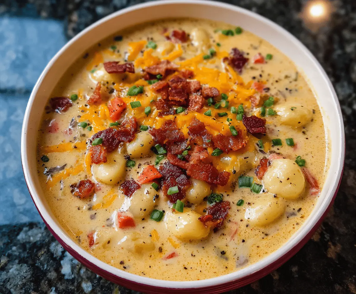 Creamy Bacon Cheddar Gnocchi Soup with crispy bacon, melted cheddar cheese, and tender gnocchi in a flavorful broth—perfect for comfort food lovers.