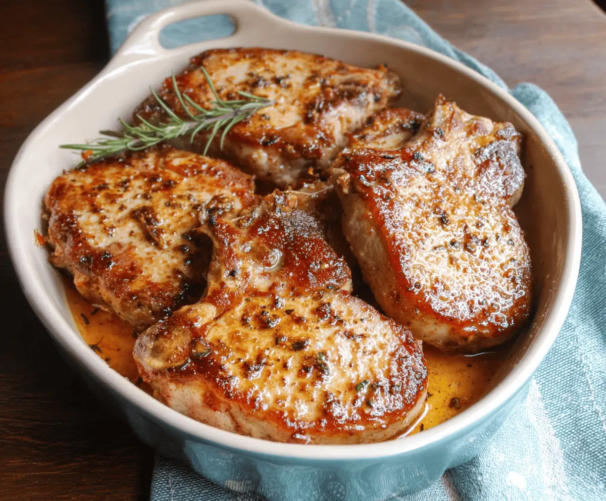 Juicy baked pork chops with golden-brown crust served on a plate, garnished with herbs and accompanied by vegetables.