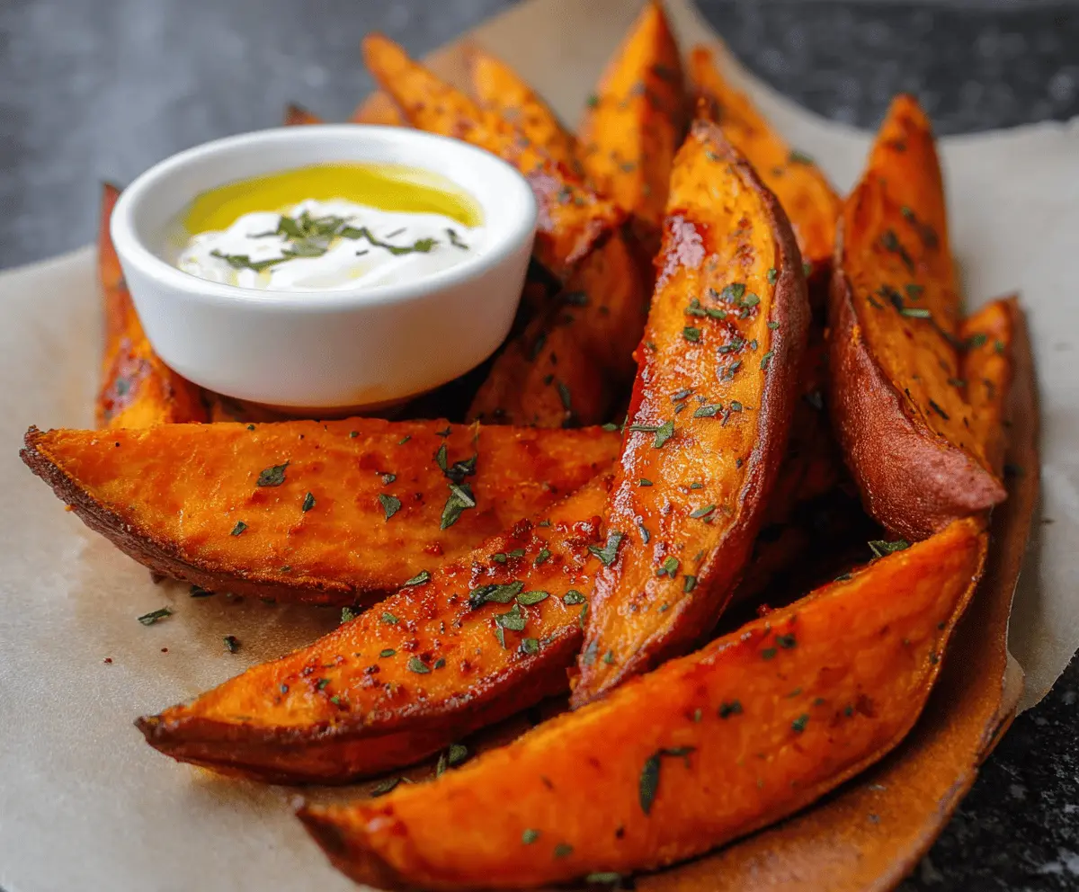 Delicious baked sweet potato wedges crispy on the edges and tender inside, served on a white plate with fresh herbs for a healthy snack or side dish.