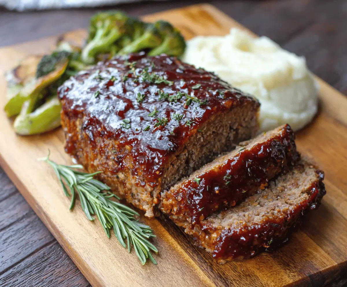 Delicious Balsamic Glazed Meatloaf topped with fresh herbs on a white plate, ready to serve