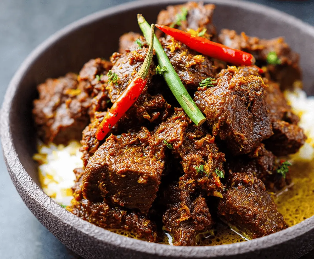 Delicious homemade beef rendang with rich coconut curry, aromatic spices, and tender beef served on a plate