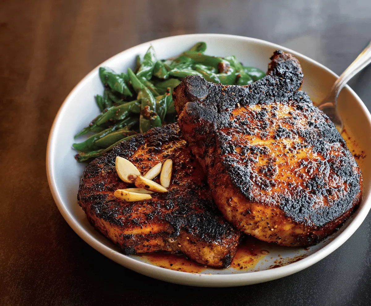 Juicy blackened pork chops seasoned with spices, grilled to perfection, served on a plate with fresh herbs and side dishes.