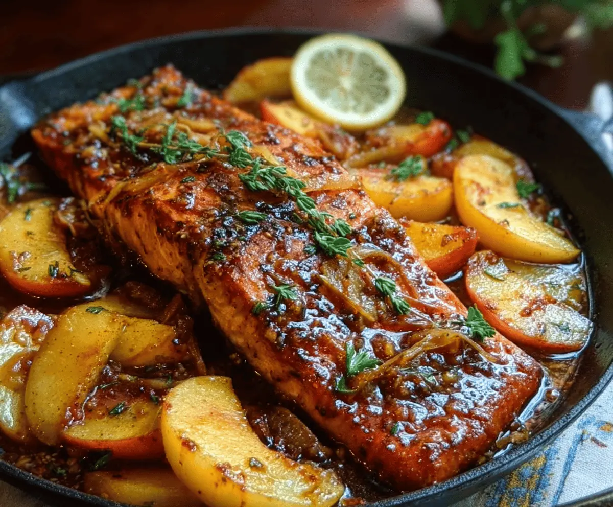 Delicious bourbon peach roasted salmon fillet garnished with fresh herbs on a plate, showcasing a flavorful and colorful seafood dish
